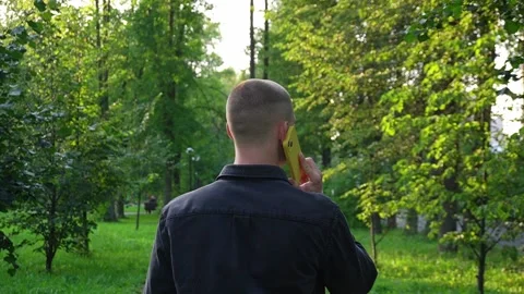 View from the back, the guy is walking in the park and talking on the phone Stock Footage 283317348
