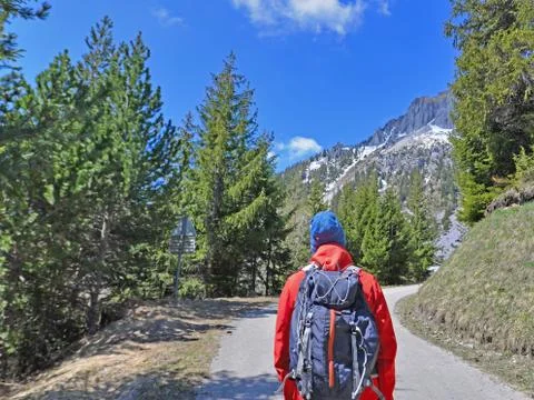 View by back of a hiker on a road crossing alpine mountain Stock Photos