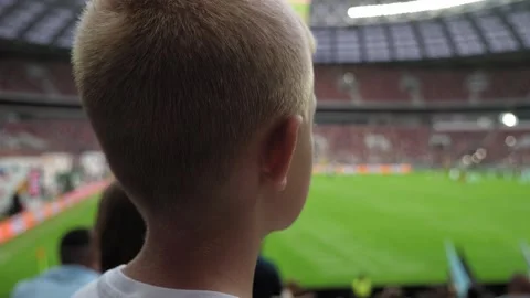 A view from the back of a little boy during a football match in a large stadium. Stock Footage 312437851