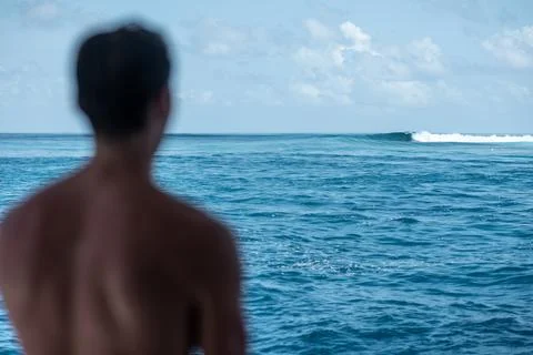 View from the back man surfer watching to the blue perfect waves from the boa Stock Photos