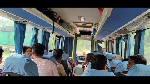View of back of a moving bus with seats facing each other, Stock Footage 293243322