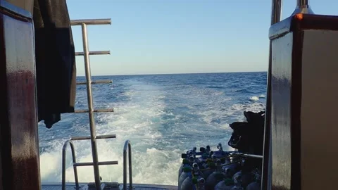 View from back of Red Sea SCUBA diving boat with equipment 스톡 동영상 332305250