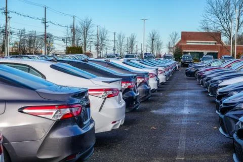 View of the back of a row of various colored new cars in a parking lot Stock Photos
