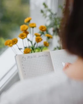 View from back, woman writes notes in notebook or diary. mental health care Stock Photos