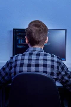 A view from the back of a young male programmer in a plaid shirt. Stock-Fotos