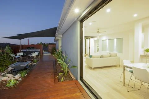 A view of backyard decking of modern house Stock Photos