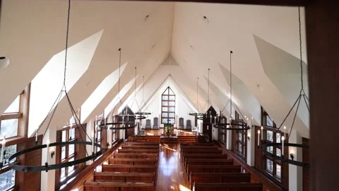 View From Balcony Of Empty Chapel Pushing Through Window Stock Footage 167739266