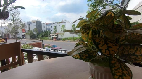 View from balcony empty street in a new district plant on a table Video stock 230009274