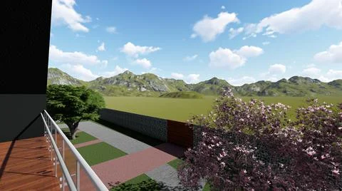 View from the balcony of the second floor of the house on the mountains. 3D r Stock Illustration