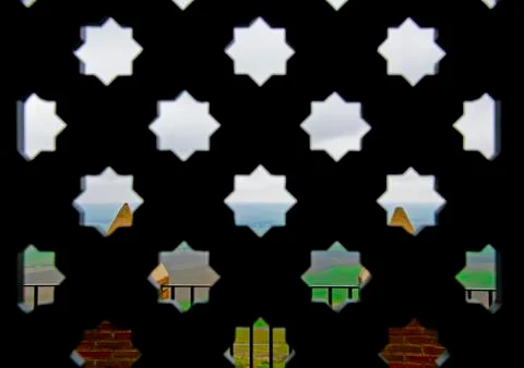 View from the balcony through black patterned shutter Stock Photos
