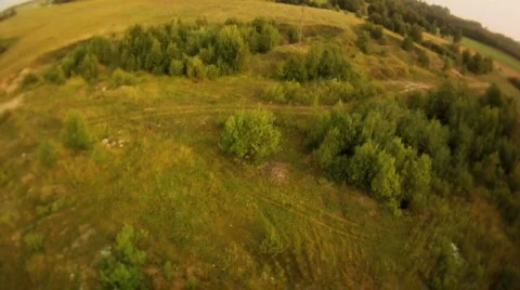 View from a balloon basket on a field trees Stock Footage 823282