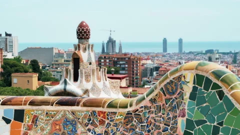 View of Barcelona, multiple building's roofs, view from the Parc Guell, Spain Video stock 158912421