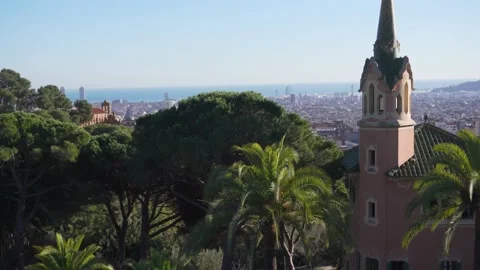 View of Barcelona from Parc Güell on a Clear Sunny Day (Horizontal Pan,4K) Video stock 231114011