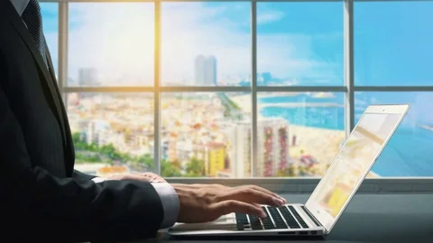 View of Barcelona Spain. Close up hand Businessman using laptop Stock Footage 85095996