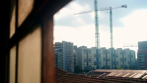 View of Barcelona through the old window of abandoned industrial building. Stock Footage 100883959