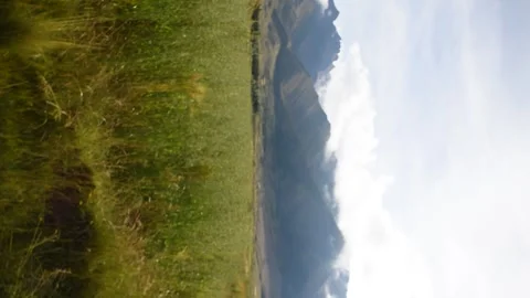 View of barley field in the foreground and mountains Stock Footage 273837894