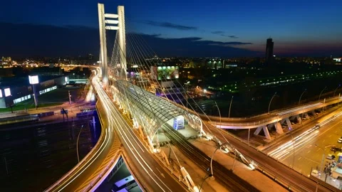 View of Basarab Overpass and tram station at night in Bucharest, Romania. Видео 335601341