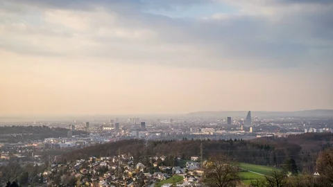 View of Basel skyline at dusk until into night timelapse Video stock 73989501