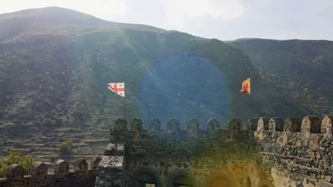 View from the bastion, moat and main outer wall at the front of a large ancient Stock Footage 82688677