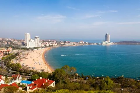 View of bathing beach N1 from the hill of Xiao Yu Shan Park, Qingdao Stock Photos