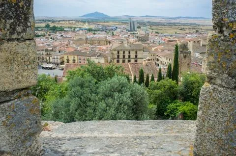 View from battlement, Castle to the centre of medieval Trujillo town Stock Photos