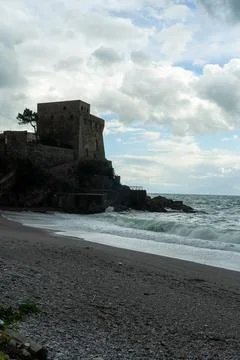View of a bay and beach of the Erchie village, from Amalfi coast Stock Photos