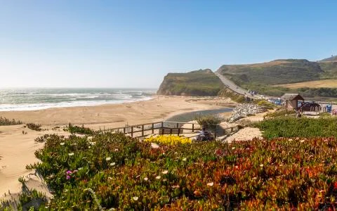 View of beach and cliffs on Highway 1 near Davenport, California, United Stat Фото