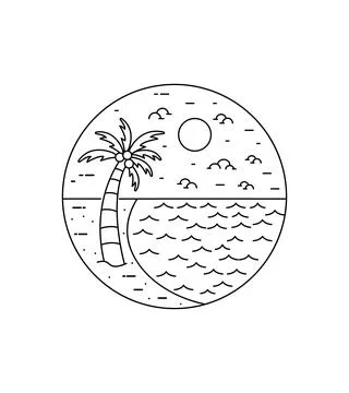 View of the beach and coconut trees mono line art, badge patch pin graphic Stockillustratie