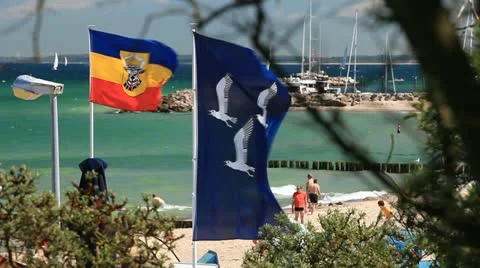 View of the beach and marina of the baltic sea resort Kuehlungsborn Stock Footage 11138111