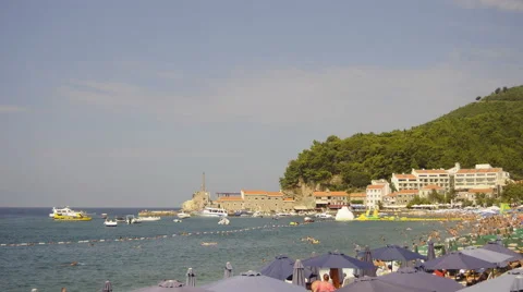 View on beach and old town, Petrovac, Montenegro, timelapse Stock Footage 44741225