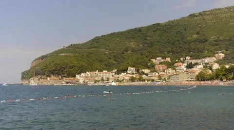 View on beach and old town, Petrovac, Montenegro, timelapse Stock Footage 48832630