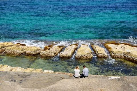 The view on beach and seafront, Malta Foto stock