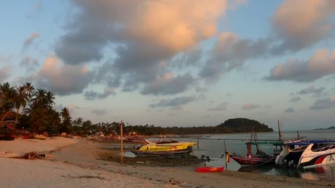 View Of The Beach With Boats In The Evening (1) Stock Footage 86288475