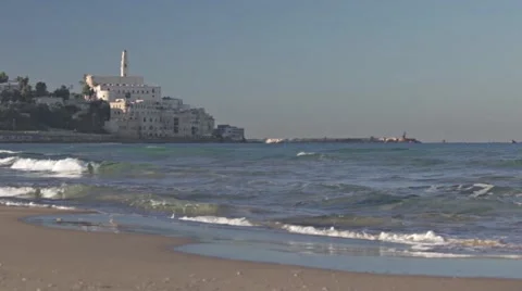 View of the beach with castle on the background. Clear sunny day, cloudless sky Stock Footage 57970334