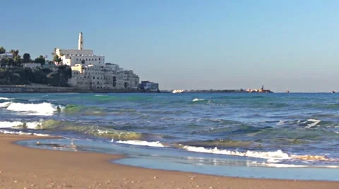 View of the beach with castle on the background. Clear sunny day, cloudless sky Stock Footage 57971740