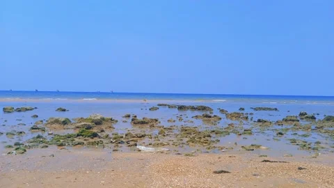 The view on the beach during the day with waves and beach sand Stock Footage 220347649