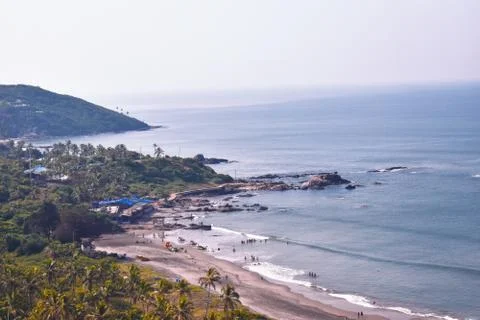 View of the beach with ehite waves captured from the air Foto stock