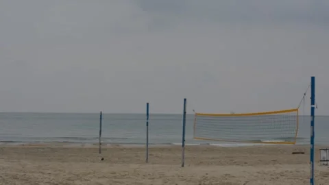 View of the beach with exercise equipment on a cloudy winter day Stock-Footage 258267008