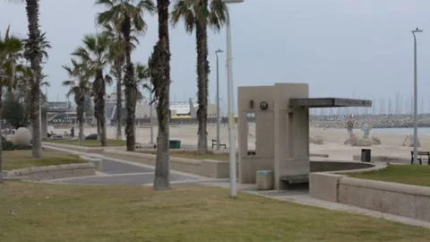 View of the beach with exercise equipment on a cloudy winter day Stock-Footage 258467060