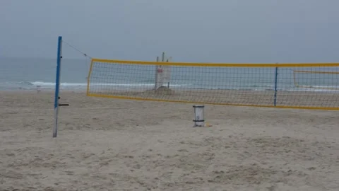 View of the beach with exercise equipment on a cloudy winter day Stock-Footage 258467143