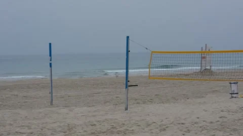 View of the beach with exercise equipment on a cloudy winter day Stock-Footage 258467250