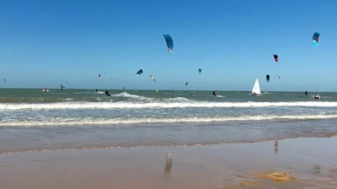 View from the beach at kitesurfers 2 Stock Footage 250325471