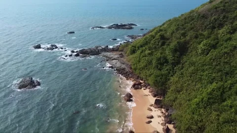 View of the beach, mountain and sea view from air with drone camera. Stock Footage 284374094