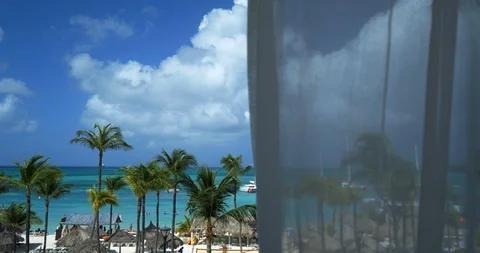 View of Beach, Ocean, Palm Trees From Balcony, Tropical Resort Stock Footage 103220663