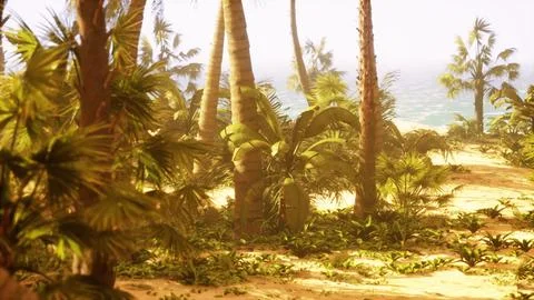 A view of a beach with palm trees and the ocean in the background 库存插图