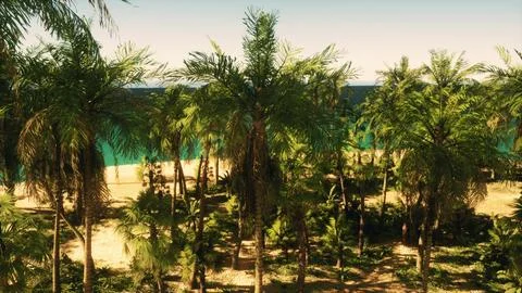 A view of a beach with palm trees Ilustración de archivo