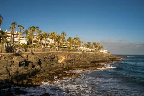 View on the beach Playa de Morro Jable and village Morro Jable on the Canar.. Stock Photos