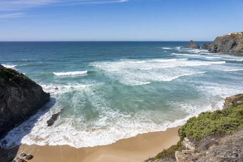 View of the beach at Praia de Odeceixe in Portugal Stock Photos