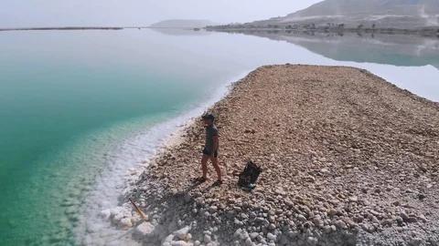 View of the beach at resort village of Ein Bokek. view from top. aerial view Stock Footage 100180133