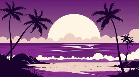 View of the beach with silhouettes of coconut trees, shades of purple Stock Illustration